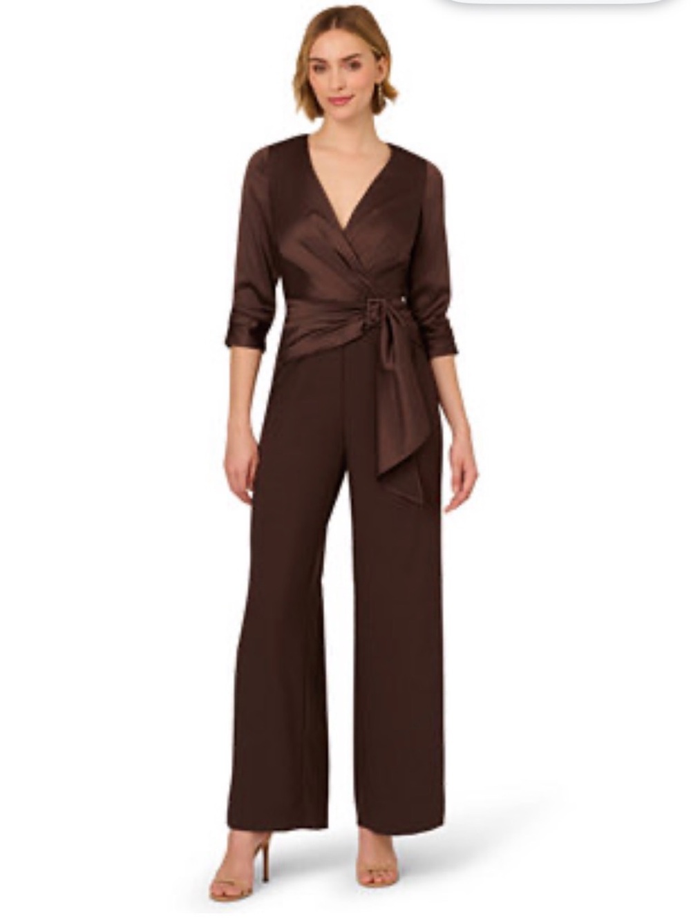 Adrianna Papell Size 4 Brown Satin Wrap Wide Leg Jumpsuit NWT